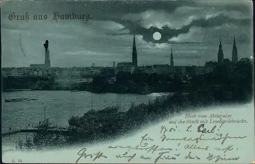 Ansichtskarte Hamburg Lombardsbrücke bei Mondschein 1901