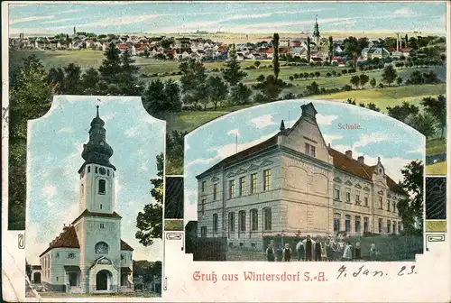 Wintersdorf-Meuselwitz (Thüringen) 3 Bild: Stadt, Schule, Kirche 1913