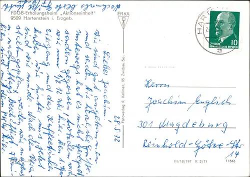 Ansichtskarte Hartenstein (Sachsen) FDGB-Erholungsheim "Aktionseinheit" 1971