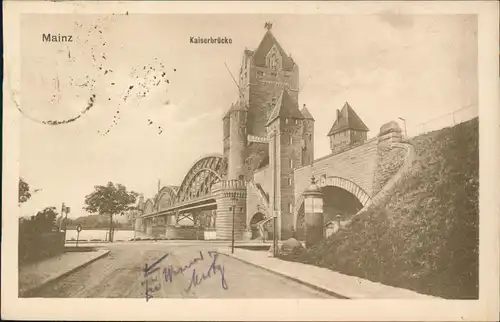 Ansichtskarte Mainz Kaiserbrücke | Nordbrücke - Straße Littfaßsäule 1916