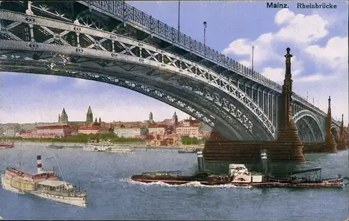 Ansichtskarte Mainz Rheinbrücke - Straßenbrücke, Rheindampfer 1918