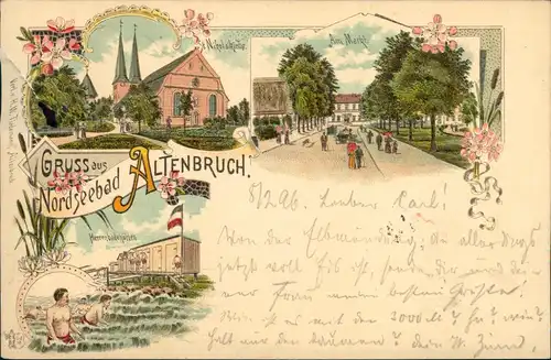 Litho AK Altenbruch-Cuxhaven Nikolaikirche, Markt, Herrenbadehütten 1897