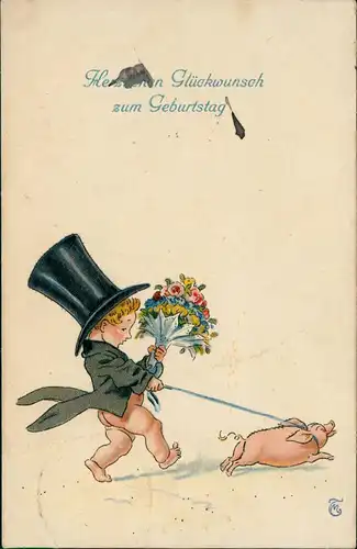 Glückwunsch Geburtstag Birthday Junge mit Zylinder und Glücksschwein 1937