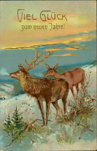 Neujahr Sylvester New Year Hirsch und Reh 1910 Goldrand gel Pleissa Bz Chemnitz