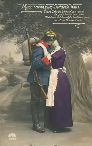 Ansichtskarte  Liebe Liebespaare - Love Soldat und Frau küssend 1914