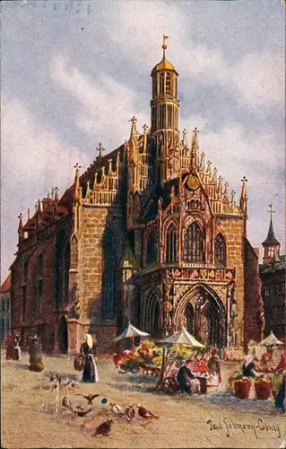 Ansichtskarte Nürnberg Frauenkirche, Markttreiben - Künstlerkarte 1920