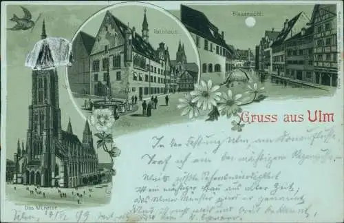 Ulm a. d. Donau Münster, Rathaus, Blauansicht Litho b. Mondschein 1899
