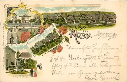 Ansichtskarte Litho AK Alzey Seminar, Stadt, Kriegerdenkmal 1896
