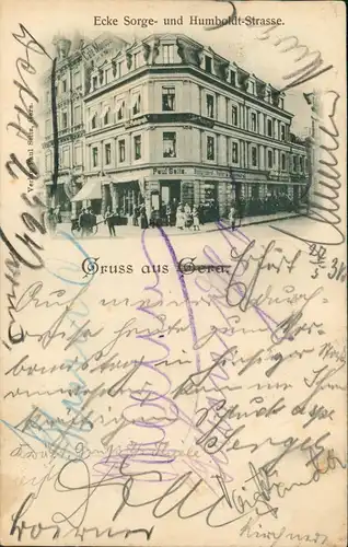 Ansichtskarte Gera Ecke Sorge- und Humboldt-Strasse. Buchbinderei Seitz 1898