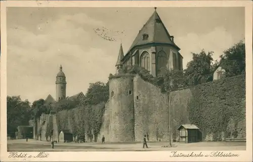 Ansichtskarte Höchst-Frankfurt am Main Justinuskirche u. Schlossturm 1936