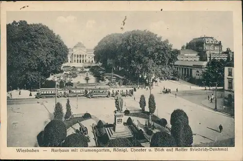 Ansichtskarte Wiesbaden Kurhaus mit Blumengarten - Straßenbahn 1918