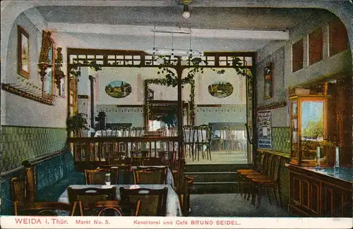 Ansichtskarte Weida (Thüringen) Konditorei und Café BRUNO-SEIDEL. Markt 1916