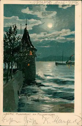 Ansichtskarte Lindau (Bodensee) Mondnacht am Pulverturm Künstlerkarte 1900