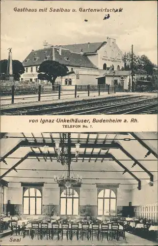 Budenheim Gasthaus mit Saalbau u. Gartenwirtschaft 2 Bild Bahnhof 1912