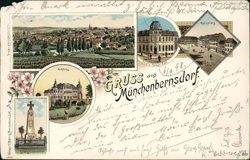 Litho AK Münchenbernsdorf Stadt, Markt, Post, Schloß, Kriegerdenkmal 1898
