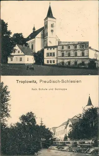 Opawica 2-Bild-AK Troplowitz, Preußisch-Schlesien, Schule Oberschlesien 1917