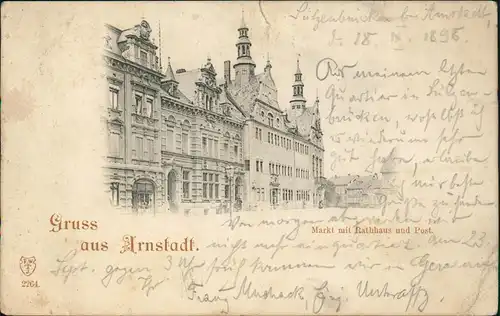 Ansichtskarte Arnstadt Markt mit Rathhaus und Post. 1895