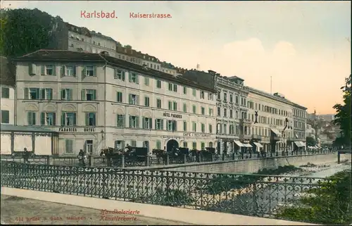 Karlsbad Karlovy Vary Kaiserstrasse, Paradies Hotel - handcolorierte AK 1912
