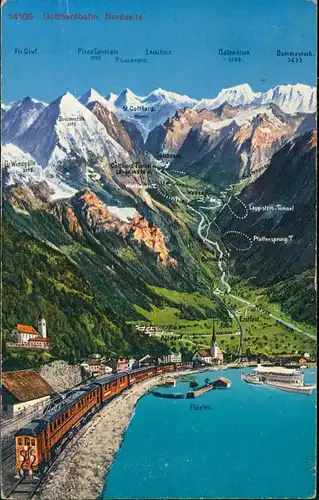 Ansichtskarte Flüelen Gotthardbahn. Nordseite - Künstlerkarte Eisenbahn 1910