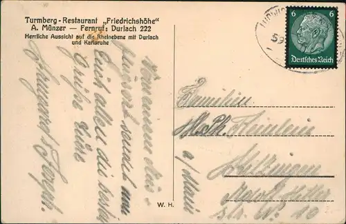 Durlach Karlsruhe Turmberg Restaurant Friedrichshöh 1937  gel. Bahnpoststempel