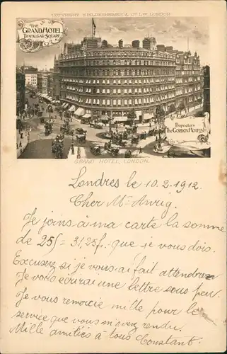 Postcard London Trafalgar Square, Grand Hotel 1912