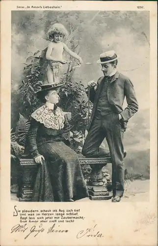 Ansichtskarte  In Amor's Liebeshain. Mann, Frau und Engel 1904
