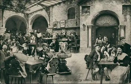 Ansichtskarte Salzburg Stiftskeller St. Peter - belebt 1913