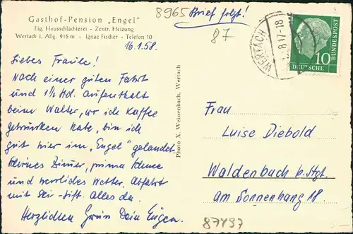 Ansichtskarte Wertach (Allgäu) Gasthof-Pension Engel - Gastraum 1958