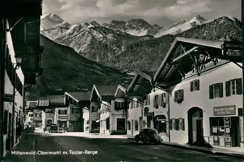 Ansichtskarte Mittenwald Obermarkt m. Tiroler-Berge VW Käfer 1964