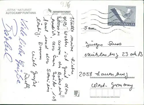 Postcard Funtana Istrien Luftbild Autocamp 1985