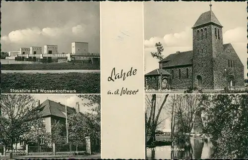 Ansichtskarte Lahde-Petershagen Staustufe mit Wasserkraftwerk Amtshaus 1958