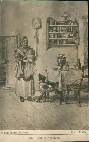 Ansichtskarte  Mütterchen und Hund im Bauernhaus Künstlerkarte 1914