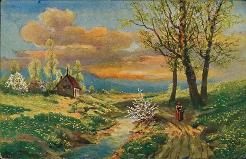 Ansichtskarte  Künstlerkarte Stimmungsbild an der Kapelle 1912