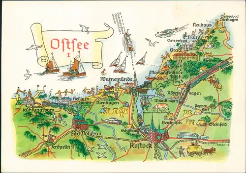 .Mecklenburg-Vorpommern Ostsee Baltic Sea  Wanderkarte Zeichnung A. Hoppe 1972