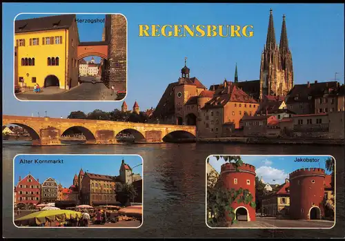 Regensburg Mehrbildkarte u.a. Kornmarkt, Jakobstor, Donau-Brücke 1980