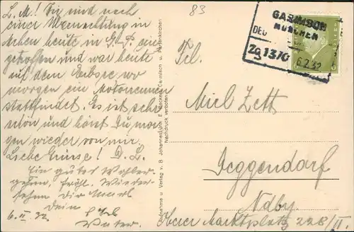 Ansichtskarte Grainau Badersee Hotel 1932  gel eckiger Bahnpoststempel