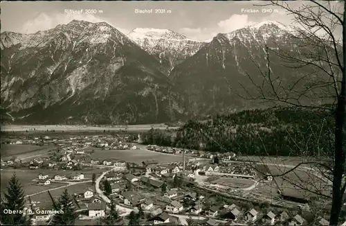 Oberau (Oberbayern) Panorama-Ansicht Ort und Berg Landschaft Alpen 1965