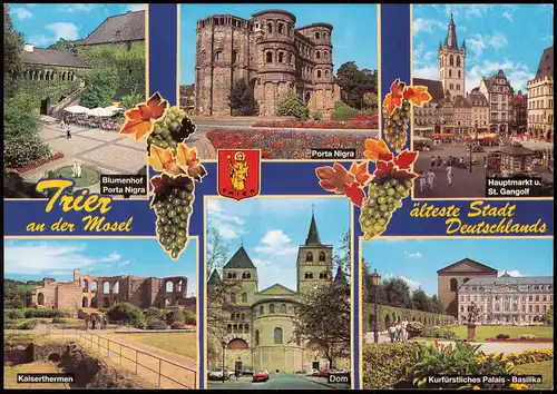 Trier Mehrbild-AK Stadtteilansichten Blumenhof Porta Nigra Kaiserthermen 1991
