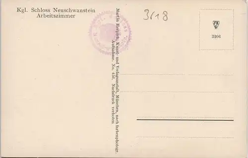 Ansichtskarte Schwangau Schloss Neuschwanstein - Arbeitszimmer 1930