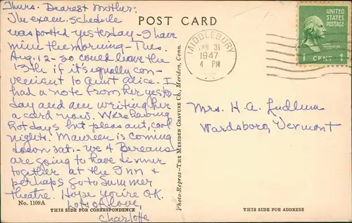 Postcard Middlebury Vermont Old Chapel 1947