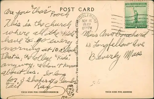 Middlebury Vermont   Chapel USA 1942  Stamp Industry Agriculture for Defense