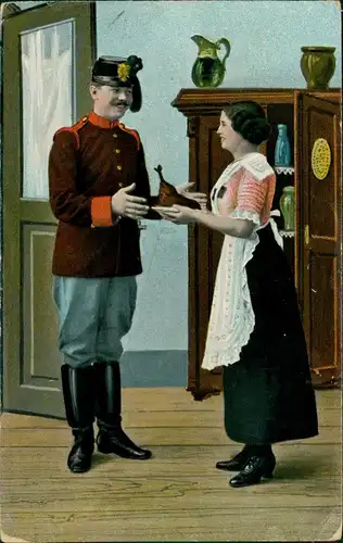 Ansichtskarte  Künstlerkarte - Militär Soldat und Frau essen 1915