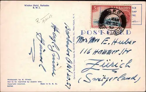 Postcard Barbados Windsor Hotel, Barbados 1957  gel. Briefmarke Stempel