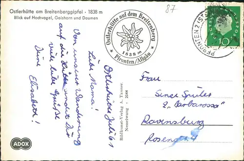 Ansichtskarte Pfronten (Allgäu) Ostlerhütte am Breitenberggipfel 1958