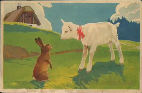 Ansichtskarte  Glückwunsch Ostern / Easter Hase und Lamm Künstlerkarte 1928