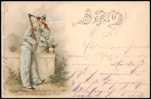 Ansichtskarte  Künstlerkarte Mann in feiner Kleidung SERVUS 1899