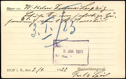 Hof (Saale) Fritz Spörl Uhren und Goldwaren 1923  gel. 5 M+10 M Vorinfla