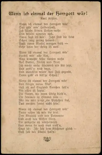 Liedkarten - Wenn ich einmal der Herrgott wär! Karl Köhler Feldpostkarte 1918