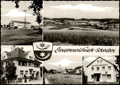 Ansichtskarte Langenneufnach MB: Raiffeisenbank, Schwimmbad u.a. 1963