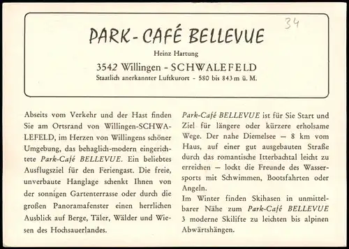 Schwalefeld-Willingen (Upland) Reklame-Karte PARK-CAFÉ BELLEVUE 1970